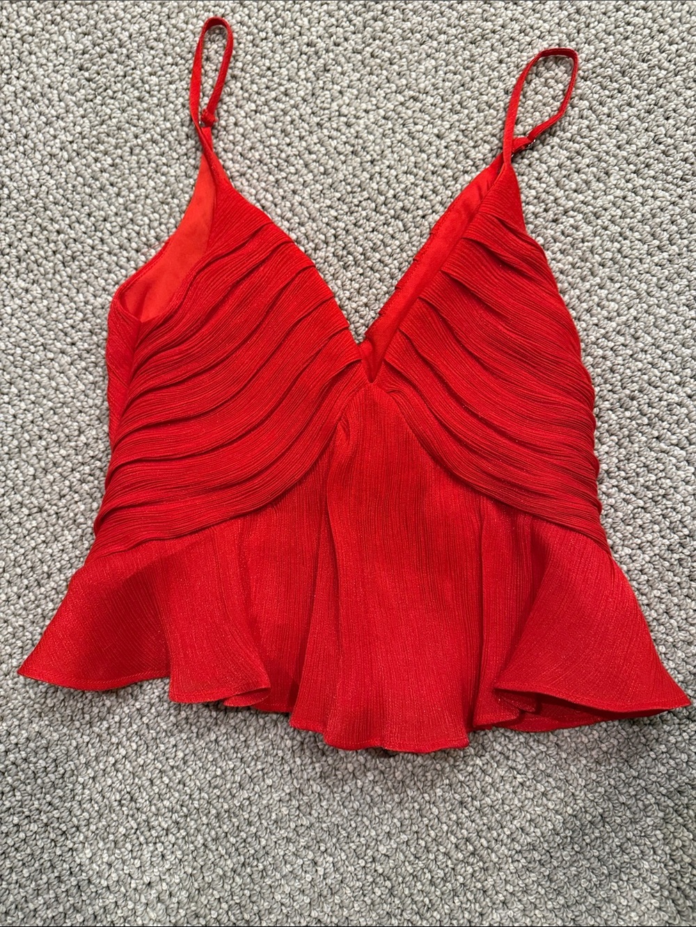 Line and Dot Red Pleated V-Neck Spaghetti Strap Top